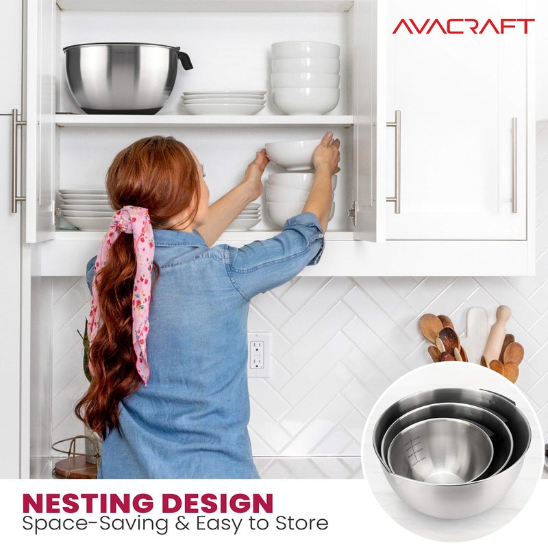 AVACRAFT 18/10 Stainless Steel Mixing Bowls with Lids, non slip silicone base bowls with Handle, Mixing Bowl Set with Pour Spouts & Measurement Marks, Home Essentials Cooking Bowls, (Black) - Image 3